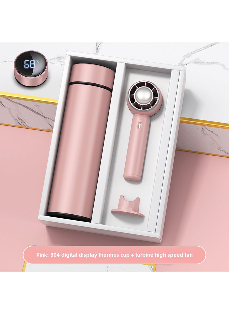 Corporate Gift Set with Custom Logo Pink 304 digital display cup hand-held small fan/gift box