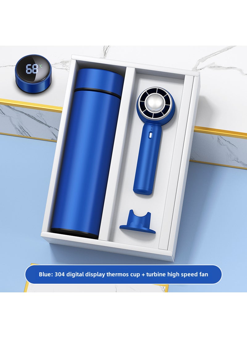 Corporate Gift Set with Custom Logo Blue 304 digital display cup hand-held small fan/gift box