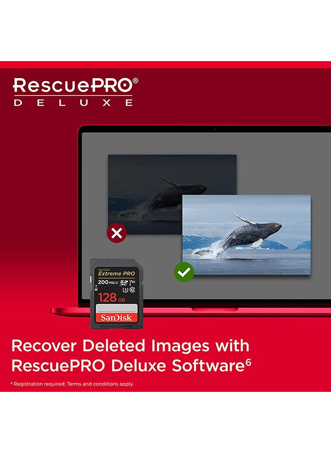 128GB Extreme PRO SDXC card + RescuePRO Deluxe, up to 200MB/s, UHS I, Class 10, U3, V30 SDSDXXD 128G GN4IN 128 GB