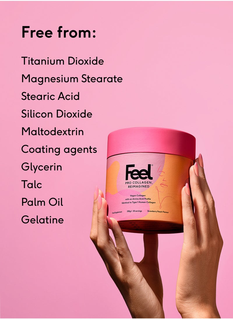 Feel Pro Collagen Powder, Strawberry Peach Flavour – Vegan & Halal – 30-Day Supply (300g) – 10g Per Serving with 3.9g VeCollal® (Vegan Type I Collagen) – Clinically Proven to Reduce Wrinkles by 22.4% in 28 Days – Supports Healthy Hair, Skin, and Nails – Enriched with Vitamin C, Biotin, Gotu Kola, and Ginseng