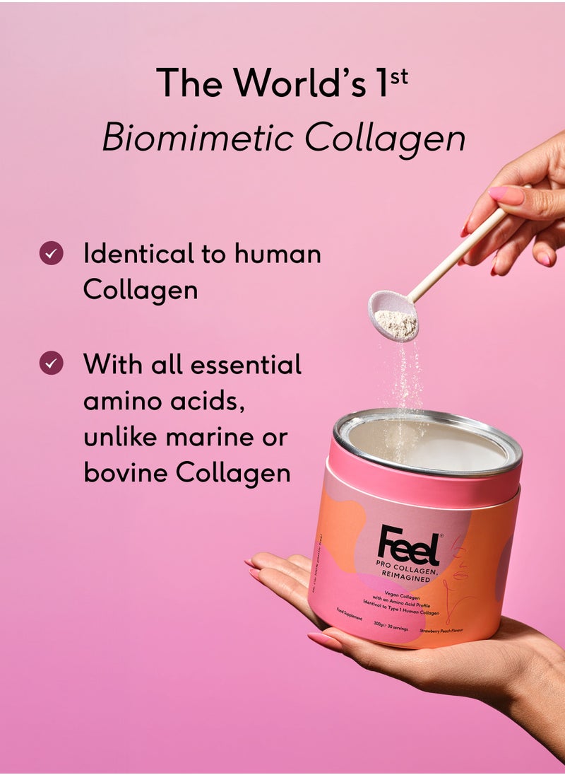 Feel Pro Collagen Powder, Strawberry Peach Flavour – Vegan & Halal – 30-Day Supply (300g) – 10g Per Serving with 3.9g VeCollal® (Vegan Type I Collagen) – Clinically Proven to Reduce Wrinkles by 22.4% in 28 Days – Supports Healthy Hair, Skin, and Nails – Enriched with Vitamin C, Biotin, Gotu Kola, and Ginseng