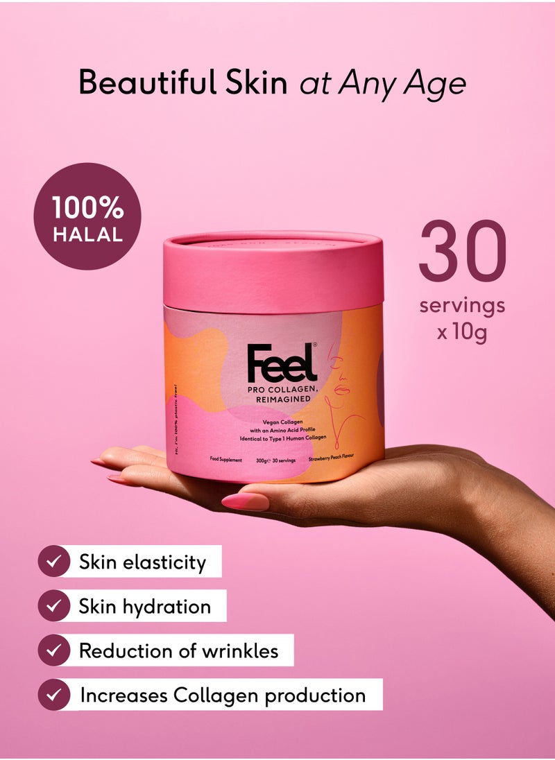 Feel Pro Collagen Powder, Strawberry Peach Flavour – Vegan & Halal – 30-Day Supply (300g) – 10g Per Serving with 3.9g VeCollal® (Vegan Type I Collagen) – Clinically Proven to Reduce Wrinkles by 22.4% in 28 Days – Supports Healthy Hair, Skin, and Nails – Enriched with Vitamin C, Biotin, Gotu Kola, and Ginseng