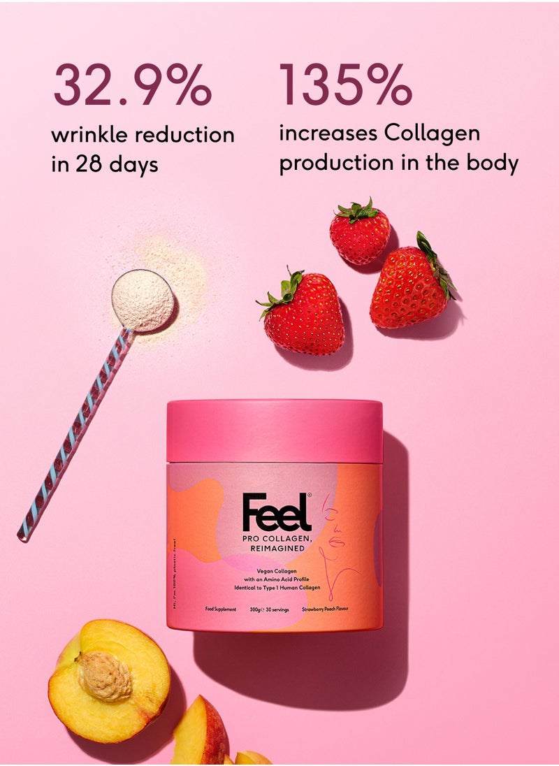 Feel Pro Collagen Powder, Strawberry Peach Flavour – Vegan & Halal – 30-Day Supply (300g) – 10g Per Serving with 3.9g VeCollal® (Vegan Type I Collagen) – Clinically Proven to Reduce Wrinkles by 22.4% in 28 Days – Supports Healthy Hair, Skin, and Nails – Enriched with Vitamin C, Biotin, Gotu Kola, and Ginseng