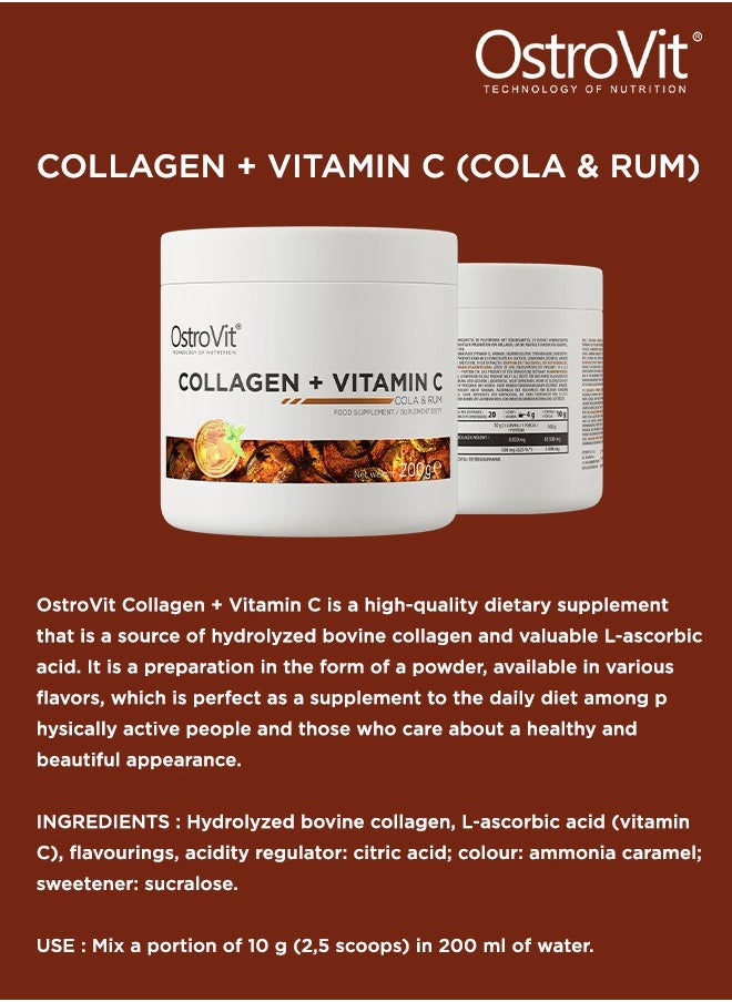 Collagen Vitamin C Supplement 200g - Cola & Rum Flavour Powder, Supports Skin, Hair, Nails & Joint Health, With Added Vitamin C for Enhanced Absorption