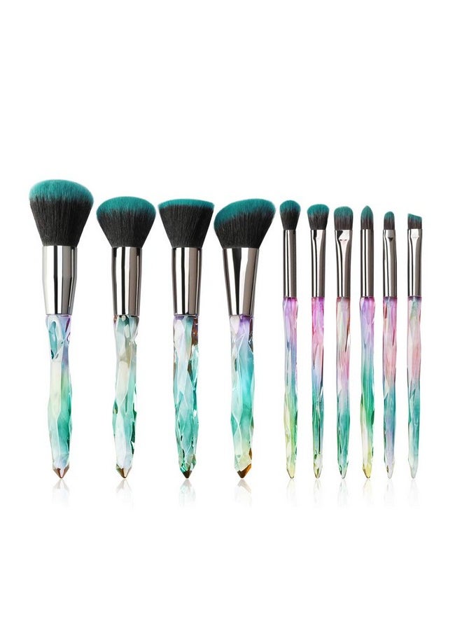 Makeup Brushes Crystal Handle Set Tenmon 10 Pcs Crystal Transparent Handle Kabuki Powder Foundation Brush Concealer Eye Shadow Eyeliner Eyebrow Brush (Green)