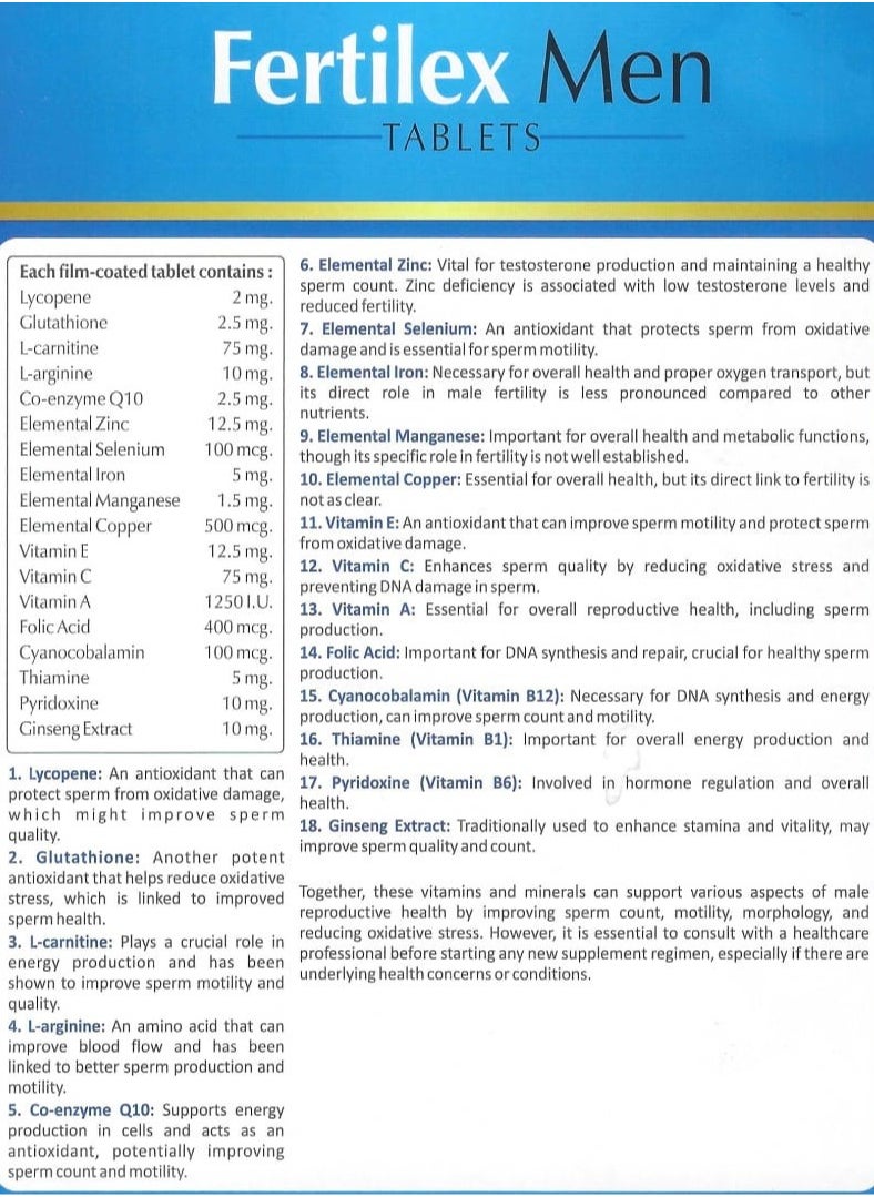 Fertilex Men Tablets - 60 Tablets | Enriched with L-Carnitine, Lycopene, L-Arginine, Glutathione, CoQ10, Zinc, Selenium, Folic Acid & Micronutrients