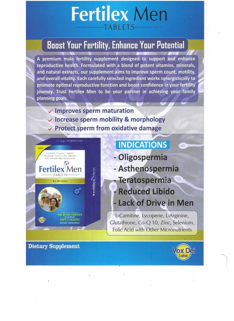 Fertilex Men Tablets - 60 Tablets | Enriched with L-Carnitine, Lycopene, L-Arginine, Glutathione, CoQ10, Zinc, Selenium, Folic Acid & Micronutrients