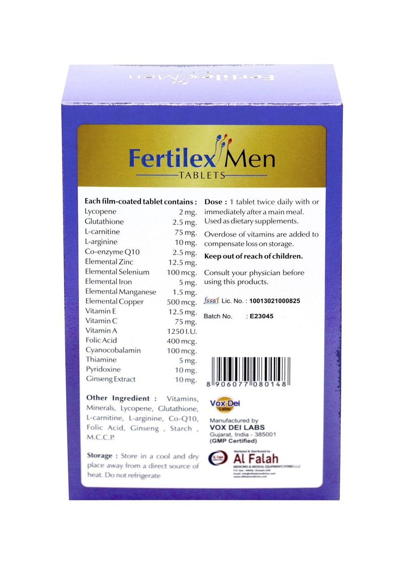 Fertilex Men Tablets - 60 Tablets | Enriched with L-Carnitine, Lycopene, L-Arginine, Glutathione, CoQ10, Zinc, Selenium, Folic Acid & Micronutrients