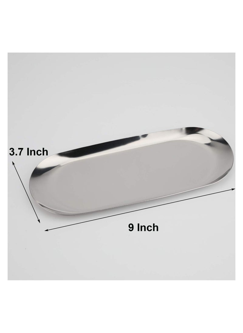 Stainless Steel Decorative Tray, Set of 2, 9 Inch Long, Jewelry Dish Cosmetics Organizer Bathroom Clutter Serving Platter Small Storage Tray, Oval, Silver