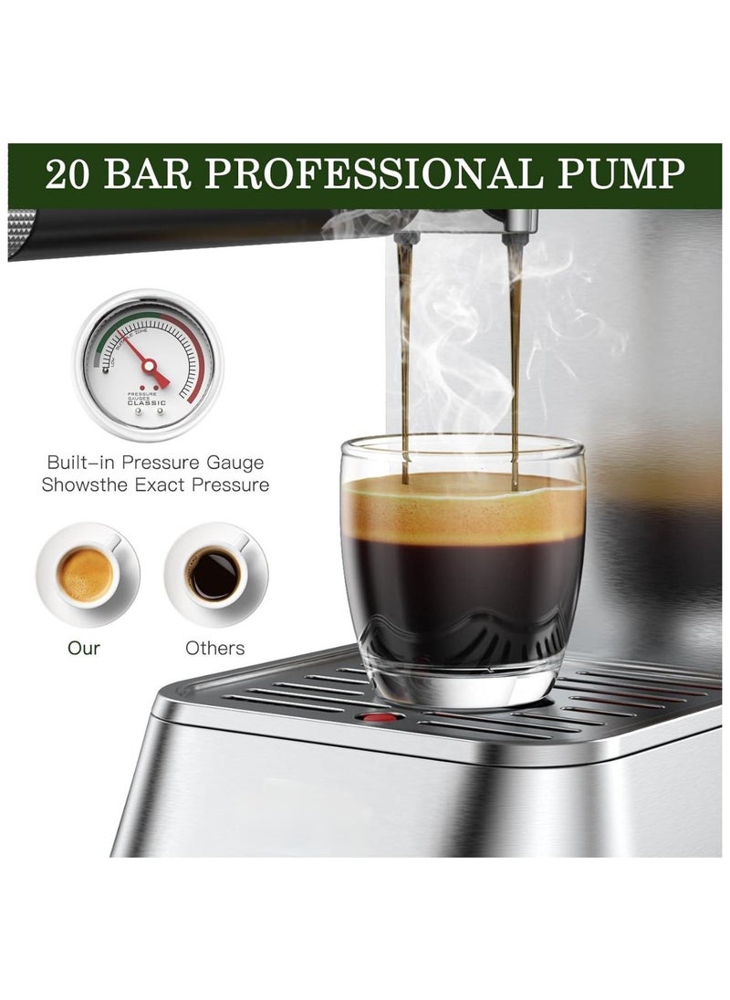 Espresso Machine, 20 Bar Stainless Steel Silver Coffee Maker for Home or Office with Removable Water Tank, Measuring Spoon, Brewing Filter, Milk Cup.