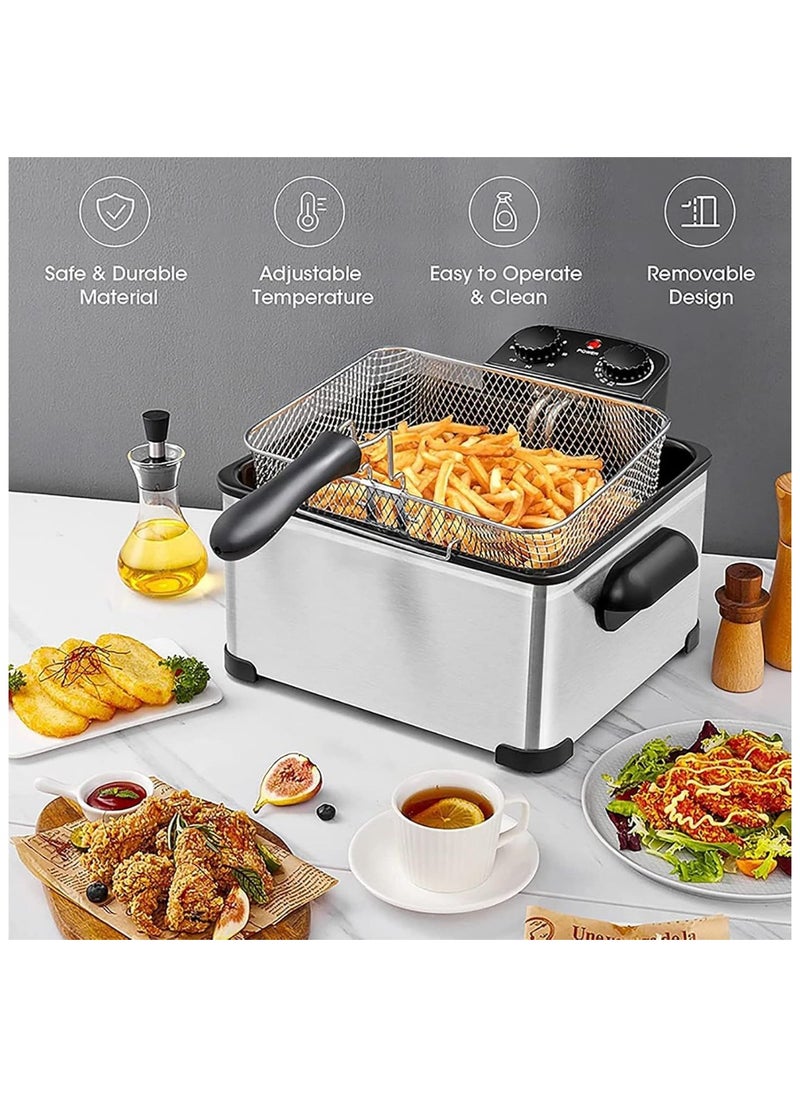 Deep Fryer, 2100W Stainless Steel Fryer with Heating Element, Triple Basket, Cup Oil Container & Lid with View Window, Adjustable Temperature & Timer, for Kitchen & Restaurant