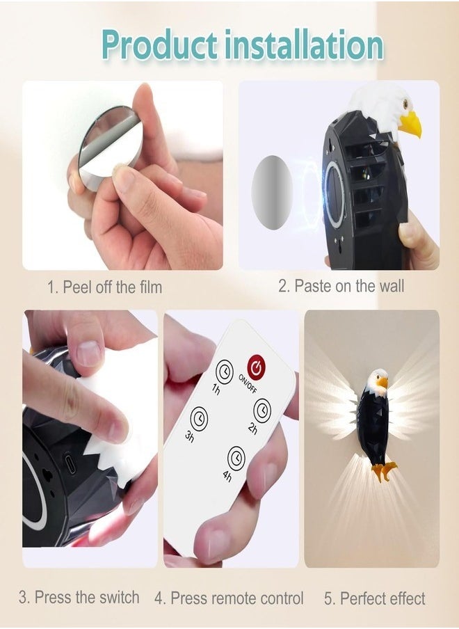 Bald Eagle Wall Light, Animal Bird Wall Night Light, Magnetic Led Wall Mounted Eagle Lamp, with Remote Control, USB Charging, Battery Operated & Removable Charging Eagle Light for Indoors