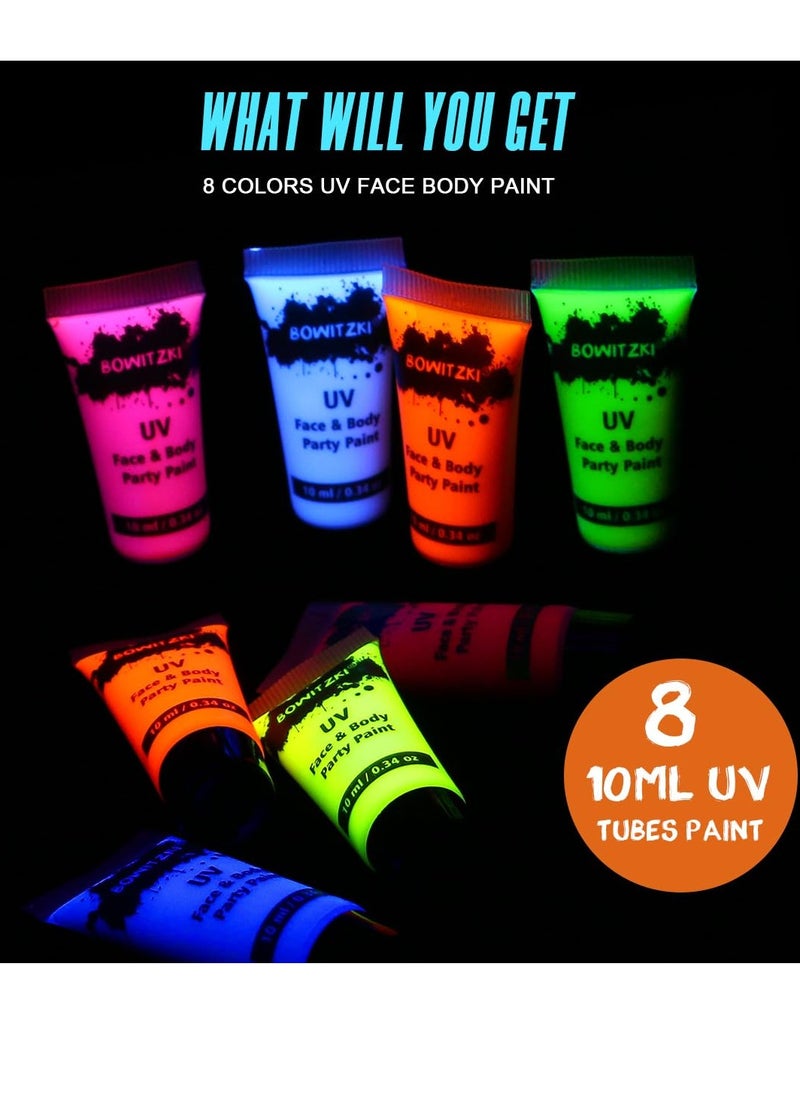 Bowitzki UV Neon Face Body Paint 8 Tubes 0.34oz Liquid Kit Black Light Glow in The Dark Makeup Set Fluorescent Painting for Adults Kids Music Festivals Party Halloween Christmas