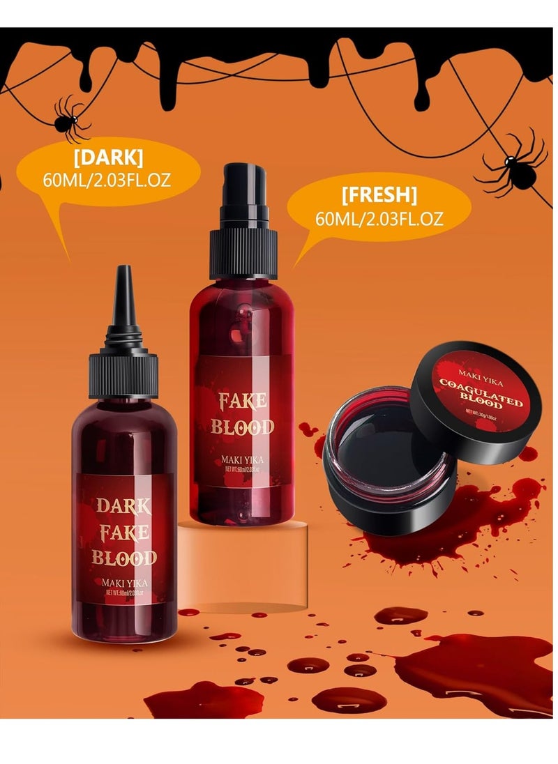 Fake Blood Spray 2.03oz + Dripping Blood 2.03oz+Coagulated Blood 1.06oz Washable Realistic Fake Blood for Clothes Sfx Special Effects Makeup Kit for Vampire Zombie (3Red)