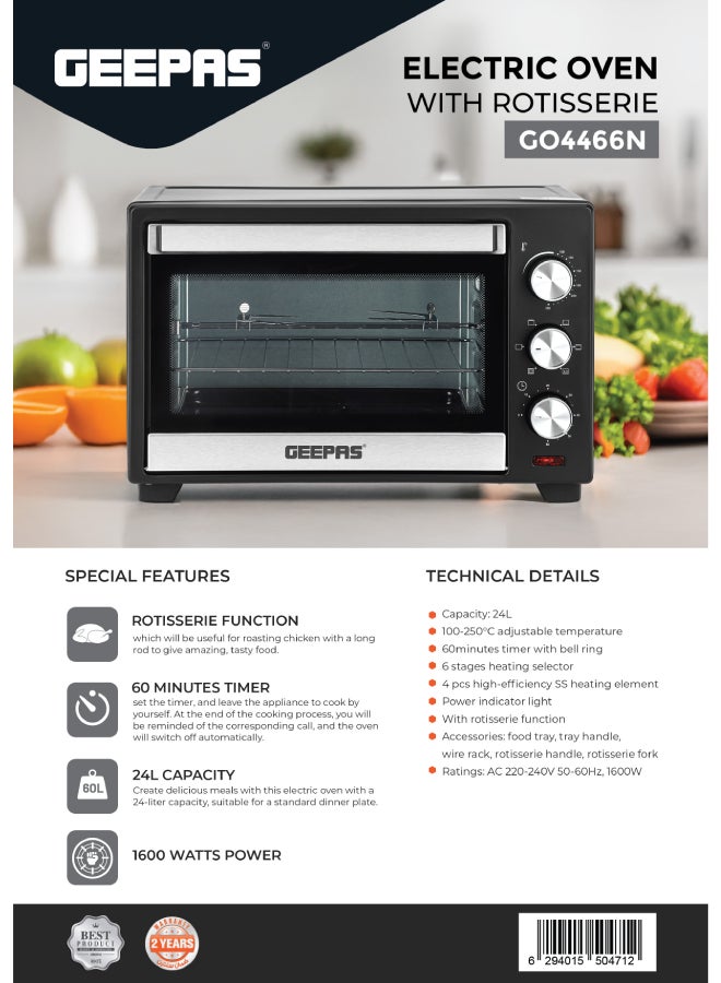 24 L Electric Oven with Rotisserie Function|  1600 W, Easy to Use Control Knobs, Adjustable Temperature, 60 Minutes Timer| Perfect for Baking, Roasting, Cooking Meat, Vegetables, Cakes, Etc.| 2 Years Warranty 24 L 1600 W GO4466 Black/Silver