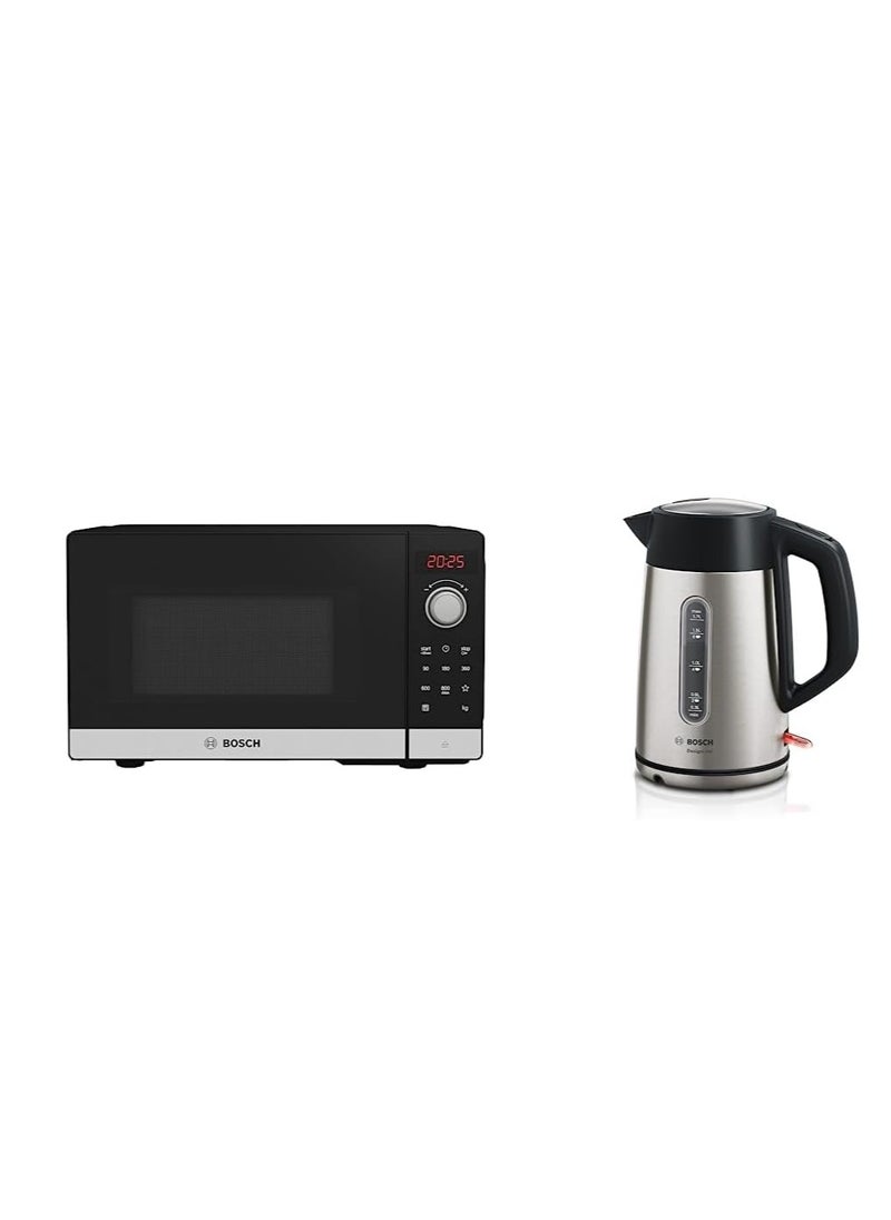 Serie 2 FFL023MS2B Freestanding Microwave & DesignLine Plus TWK4P440GB Cordless Kettle - Stainless Steel, 1.7L, 3000W, AutoPilot, Fast Boil