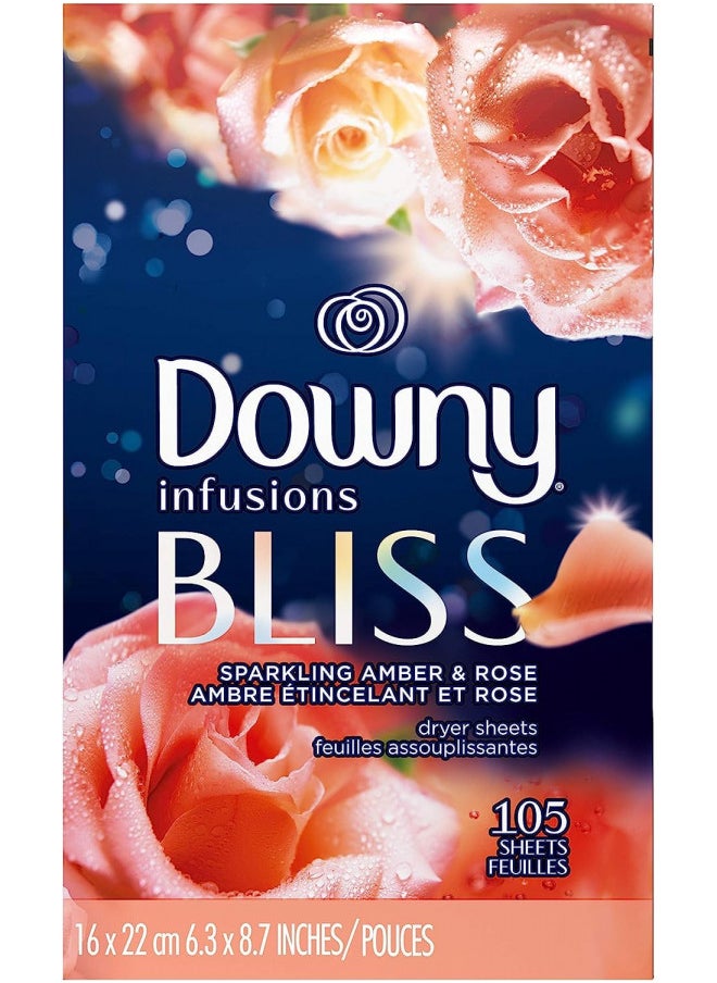 Downy Infusions Fabric Softener Dryer Sheets, Bliss, Sparkling Amber & Rose, 105 Sheets (Pack of 1)