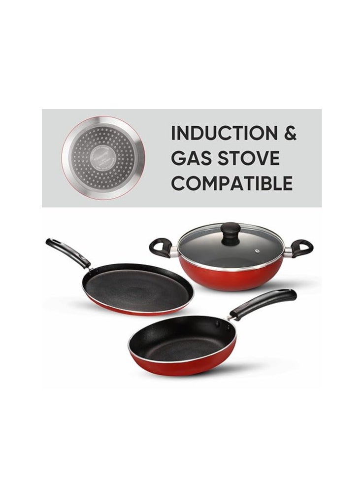 Butterfly Friendly IB Kitchen Starter Kit | Induction Base | Aluminium | 3 Litre Pressure Cooker | Fry Pan | Kadai | Dosa/Roti Tawa | Kitchen Cookware Set For Family | Silver, Red