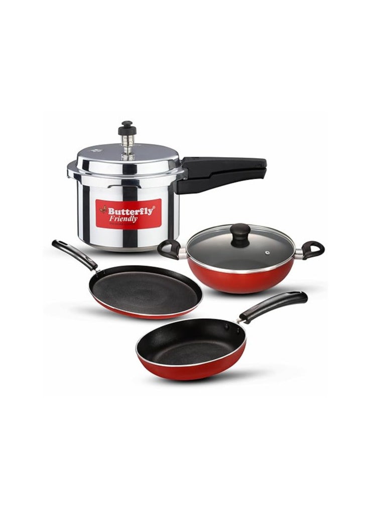 Butterfly Friendly IB Kitchen Starter Kit | Induction Base | Aluminium | 3 Litre Pressure Cooker | Fry Pan | Kadai | Dosa/Roti Tawa | Kitchen Cookware Set For Family | Silver, Red