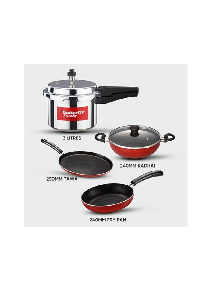 Butterfly Friendly IB Kitchen Starter Kit | Induction Base | Aluminium | 3 Litre Pressure Cooker | Fry Pan | Kadai | Dosa/Roti Tawa | Kitchen Cookware Set For Family | Silver, Red