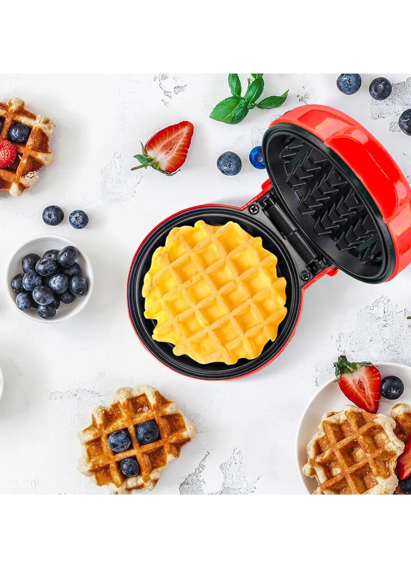 Mini Waffle Maker – Non-Stick, Pancake Maker, Power/Ready Indicator, Compact & Efficient, Red