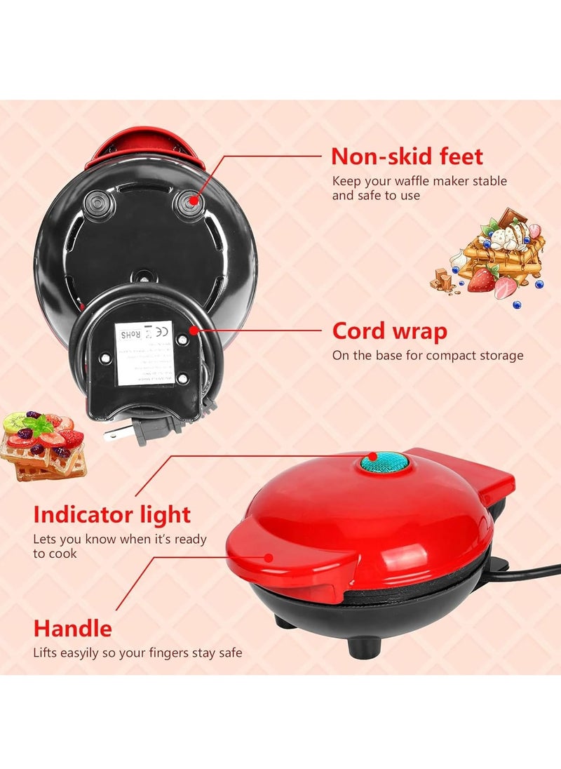 Mini Waffle Maker – Non-Stick, Pancake Maker, Power/Ready Indicator, Compact & Efficient, Red