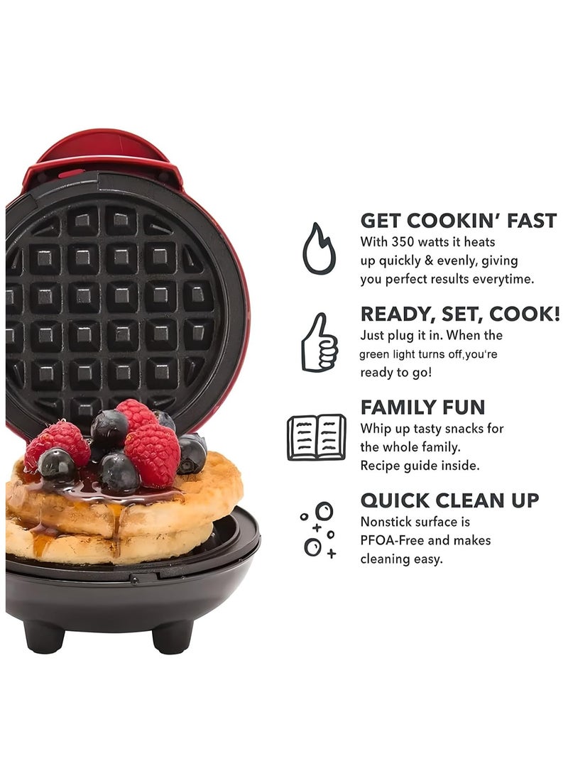 Mini Waffle Maker – Non-Stick, Pancake Maker, Power/Ready Indicator, Compact & Efficient, Red