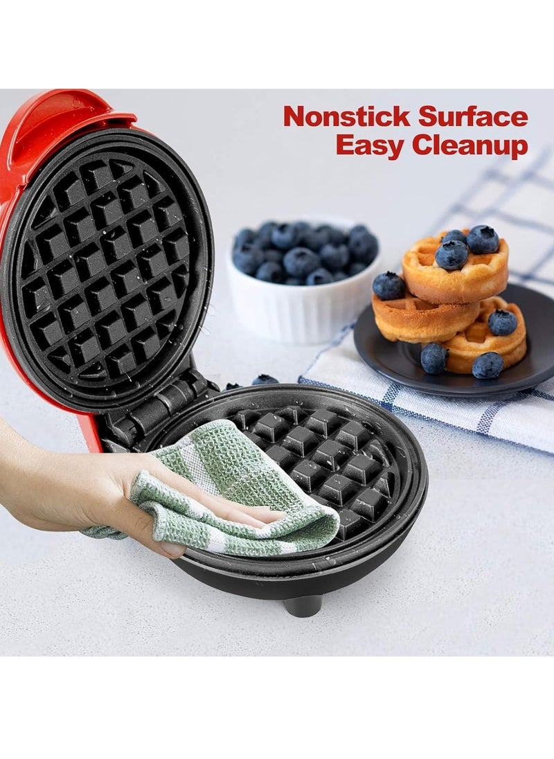 Mini Waffle Maker – Non-Stick, Pancake Maker, Power/Ready Indicator, Compact & Efficient, Red