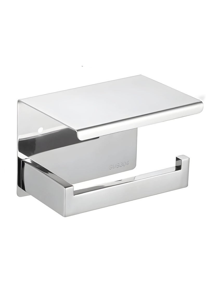 Stainless Steel Modern Square Style Toilet Paper Holder with Shelf, Toilet Tissue Holders with Phone Shelf Wall Mounted, Toilet Roll Holder with Cover for Kitchen & Bathroom (Chrome)