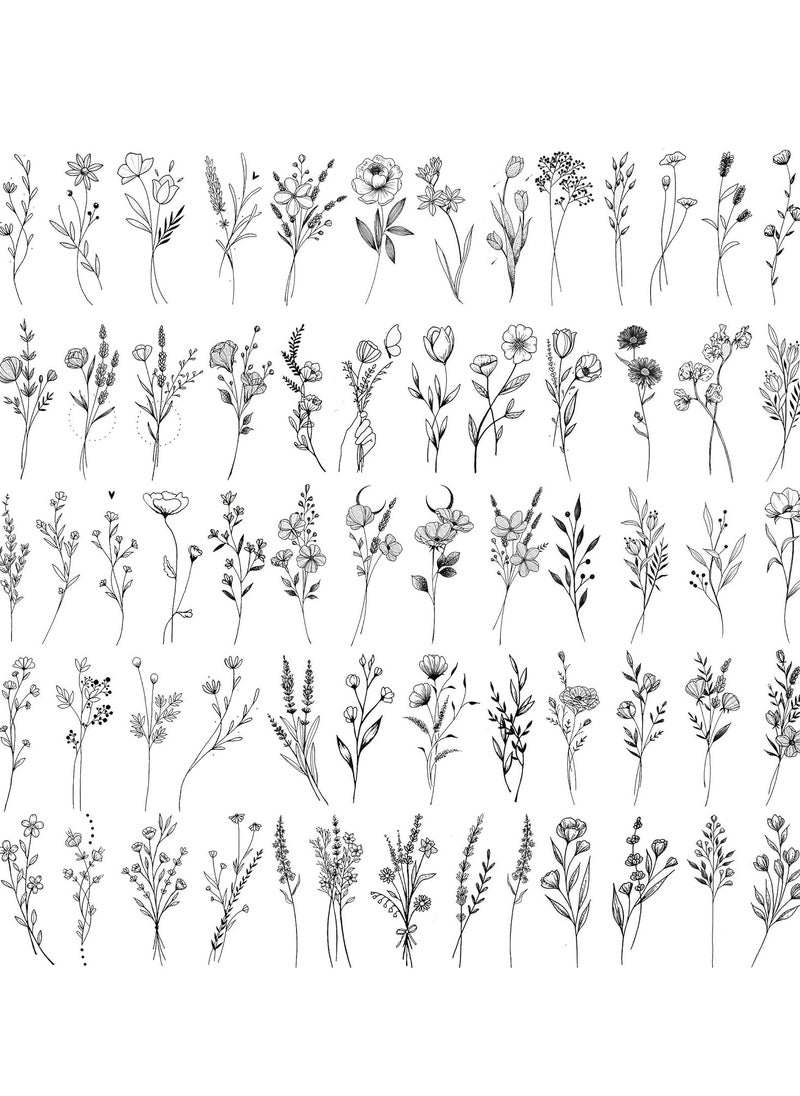 15 Sheets FANRUI Tiny Branch Black Flower Temporary Tattoos For Women Girl Floral Bouquet Small Tattoo Temporary Wild Plant Lavender Sweet Pea Larkspur Fake Tatoo Adults Face Hands Kids Kit Sticker