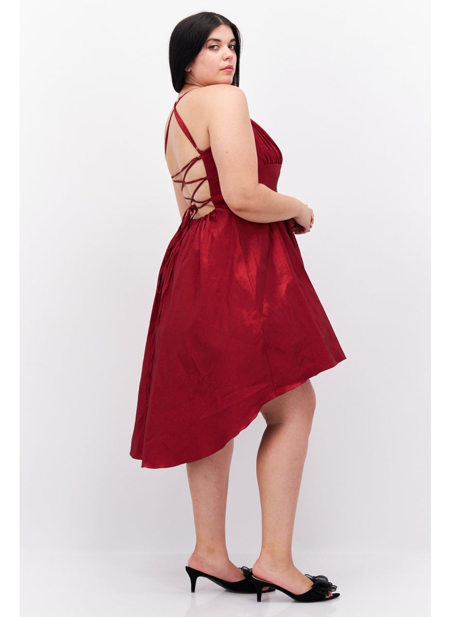 Women Plus Size Pleated Knee Fit And Flare Dress, Maroon