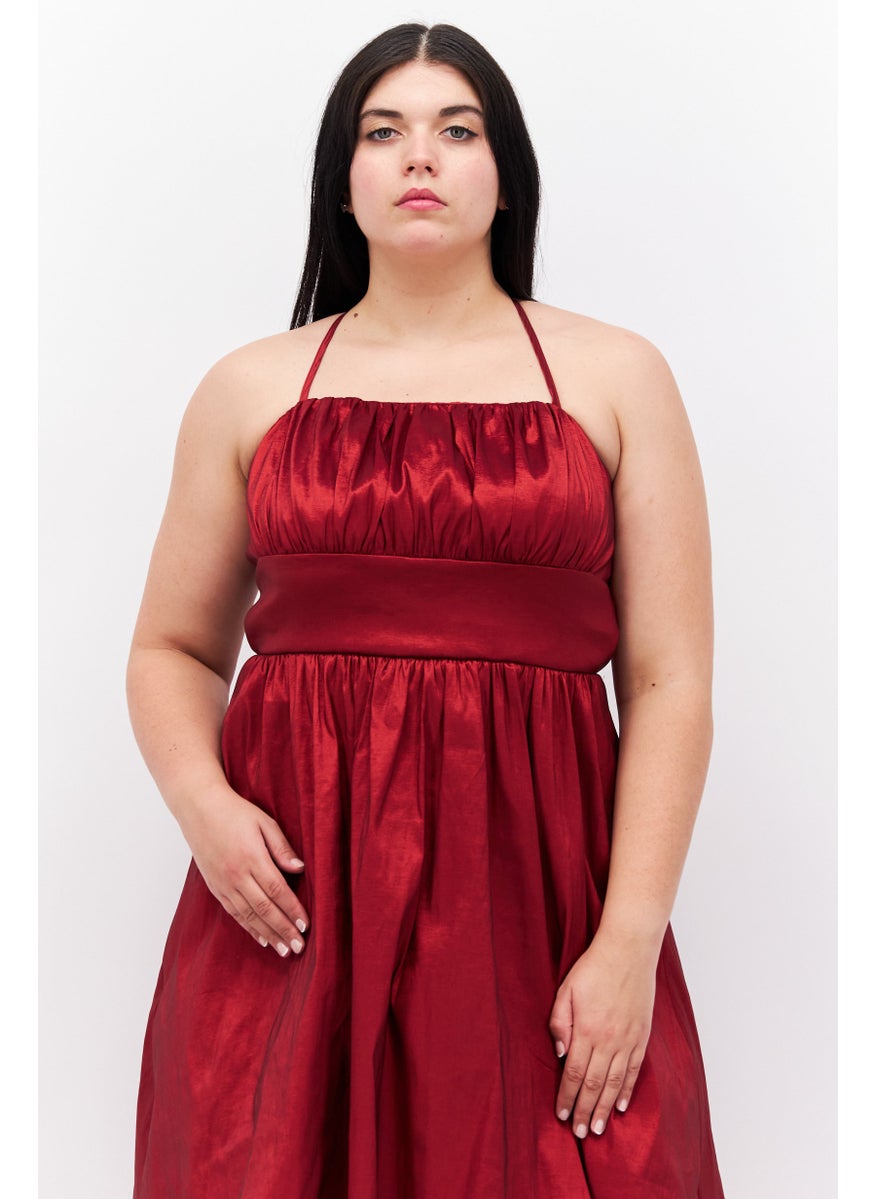 Women Plus Size Pleated Knee Fit And Flare Dress, Maroon