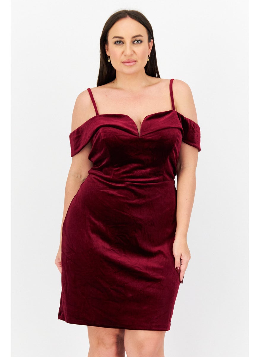 Women Plus Size Plain Mini Dress, Maroon