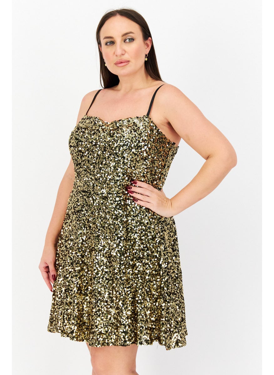 Women Plus Size Textured Mini Dress, Black/Gold