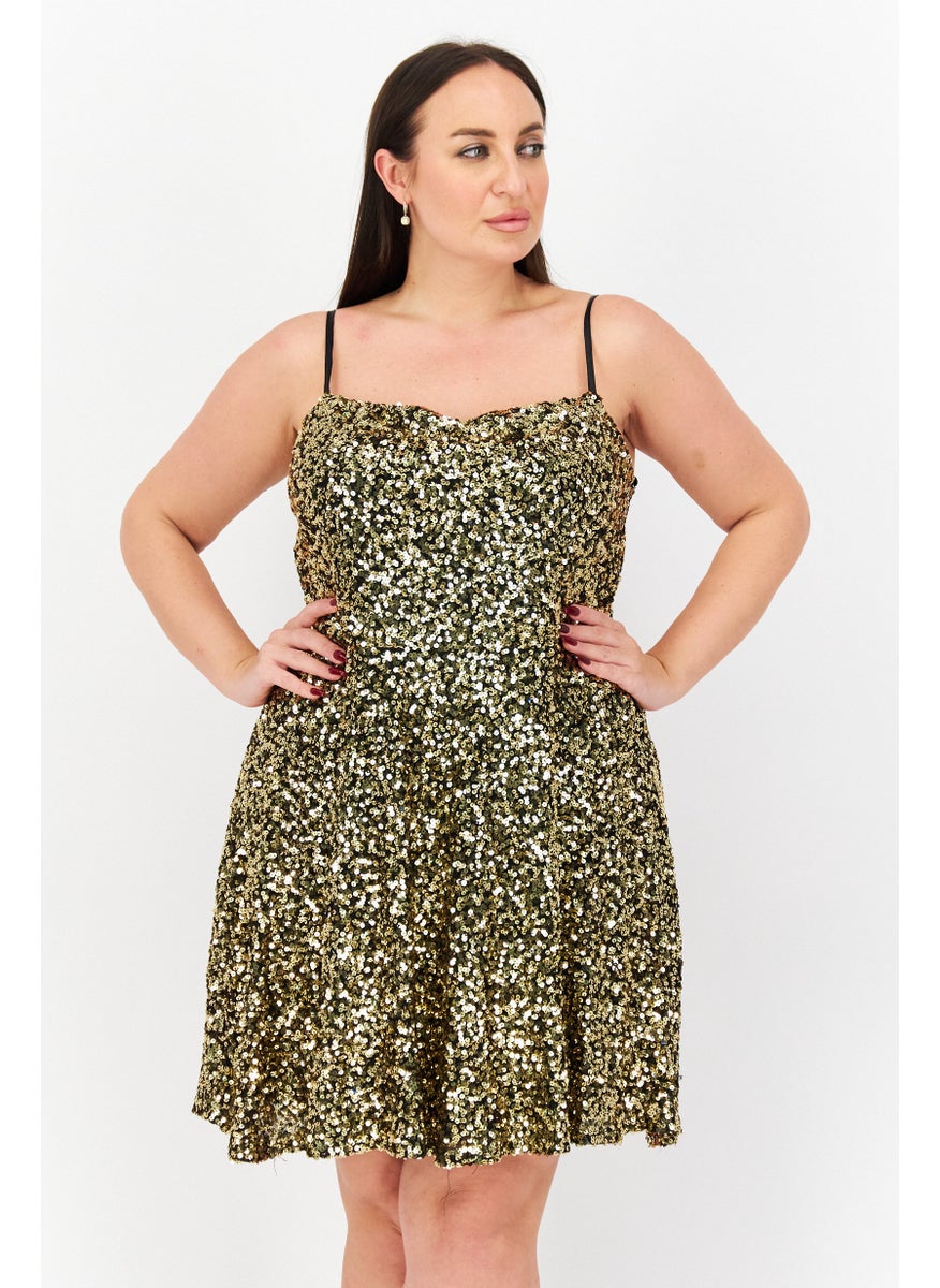 Women Plus Size Textured Mini Dress, Black/Gold