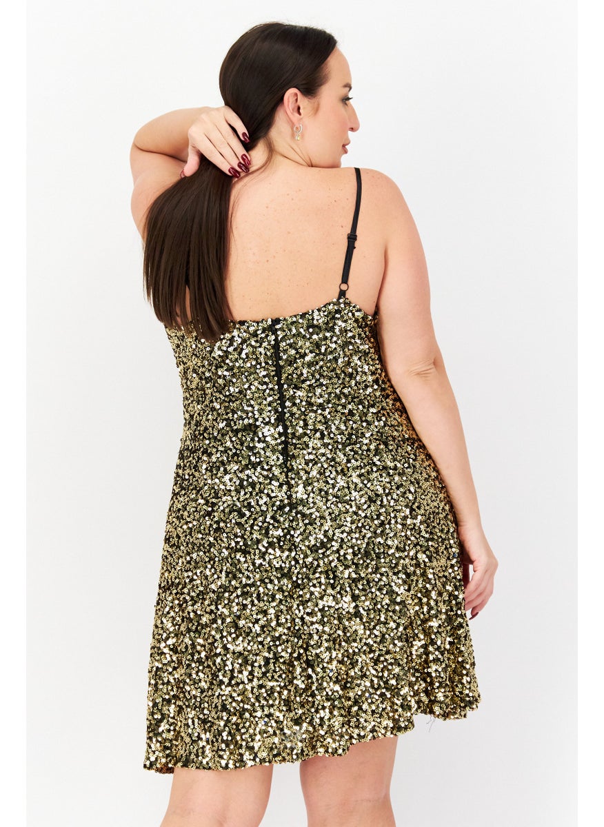 Women Plus Size Textured Mini Dress, Black/Gold