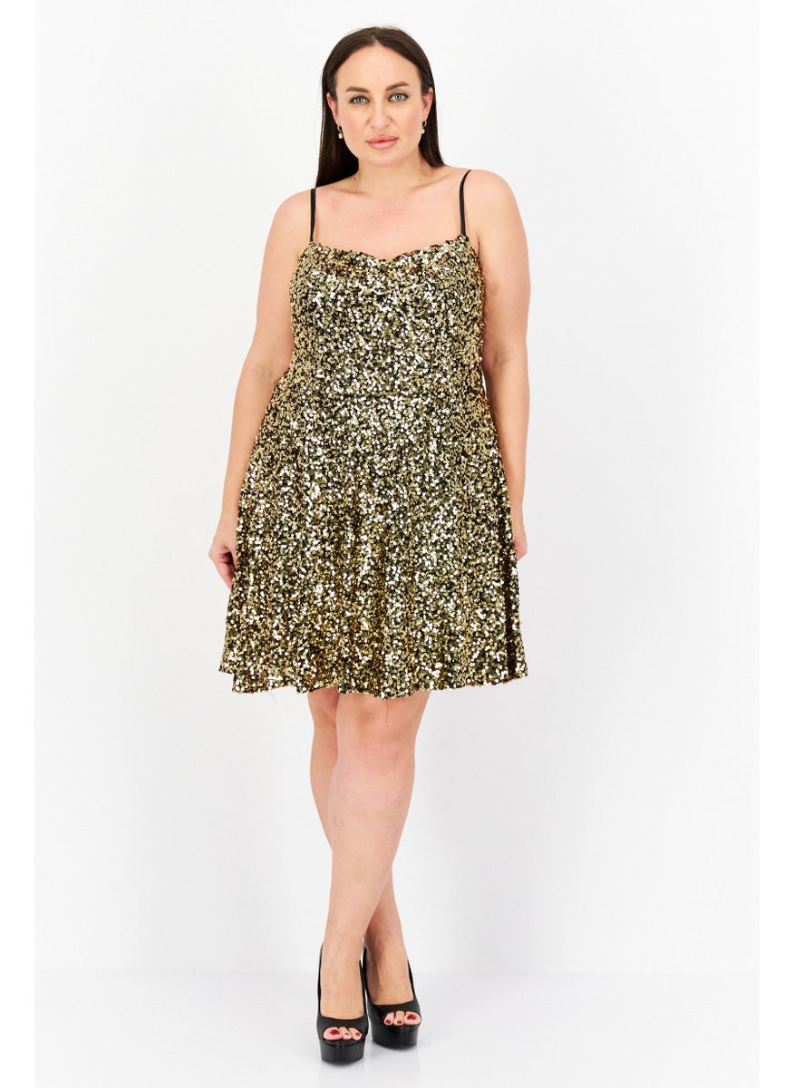 Women Plus Size Textured Mini Dress, Black/Gold