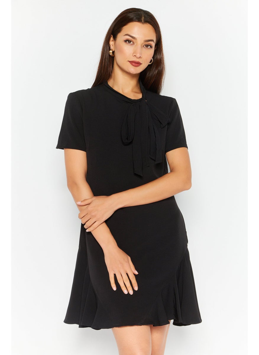 Women  Ruffled Bow Short Sleeve Cocktail Dress, Black