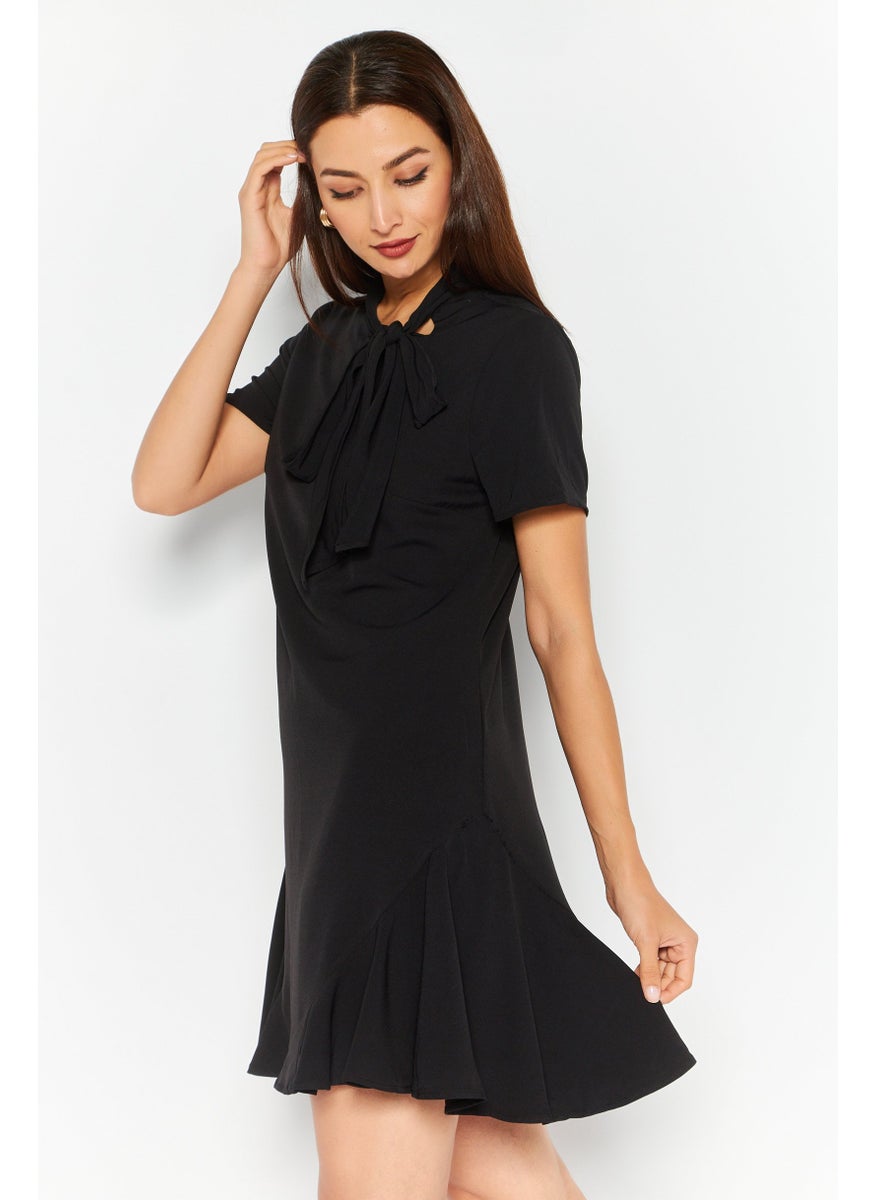 Women  Ruffled Bow Short Sleeve Cocktail Dress, Black