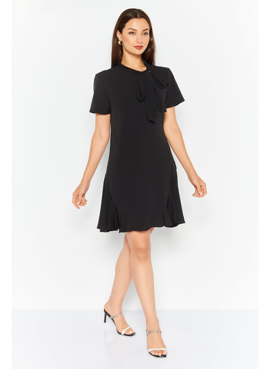 Women  Ruffled Bow Short Sleeve Cocktail Dress, Black