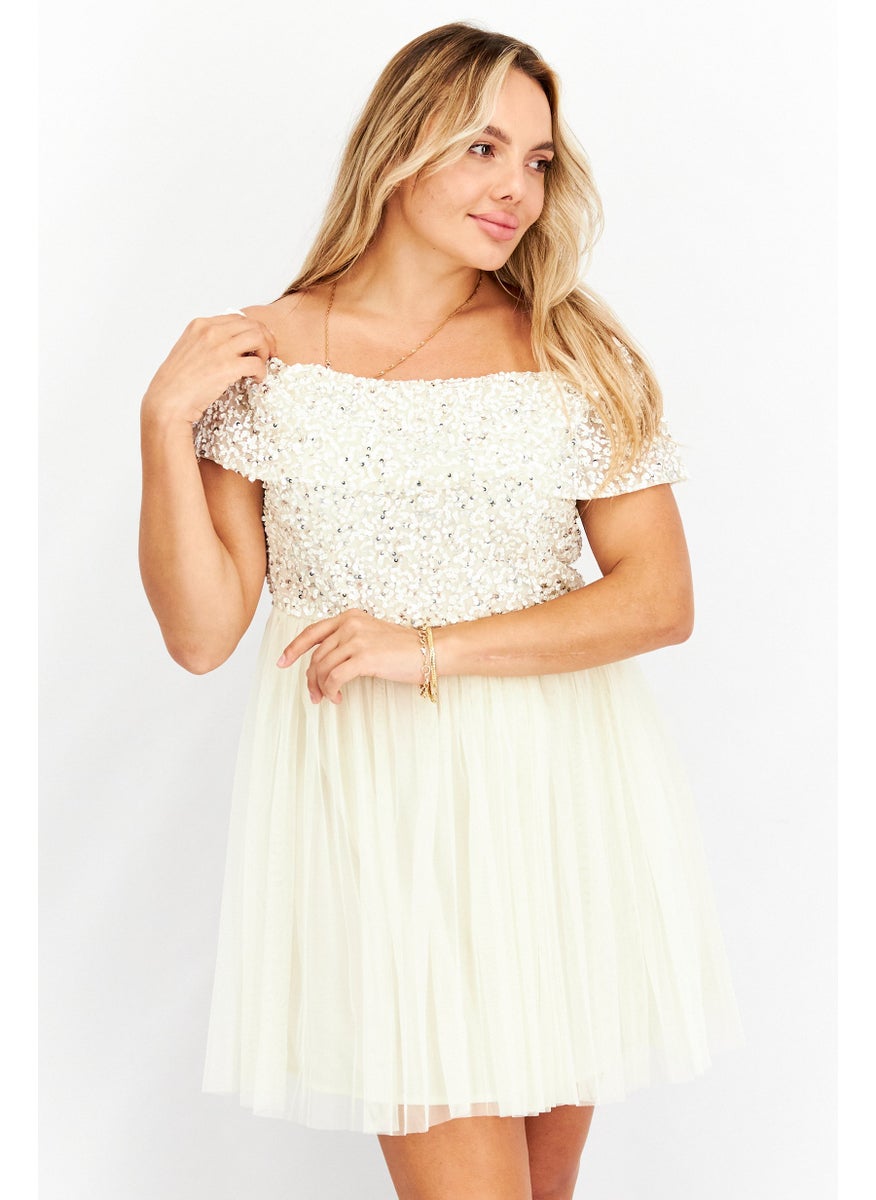 Women Sequins Off Shoulder Mini Party Dress, Beige