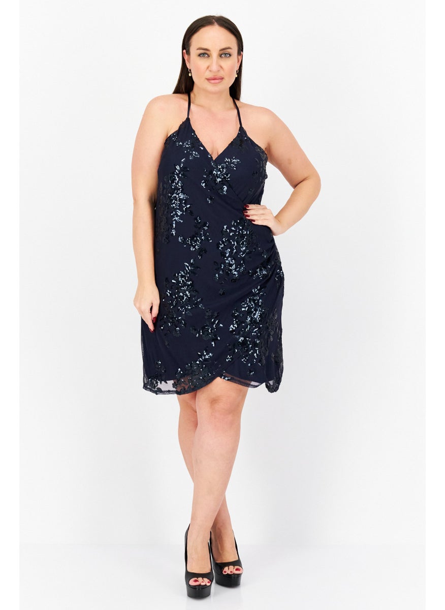 Women Plus Size Textured Mini Dress, Navy Blue