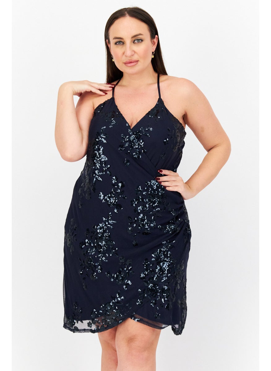 Women Plus Size Textured Mini Dress, Navy Blue