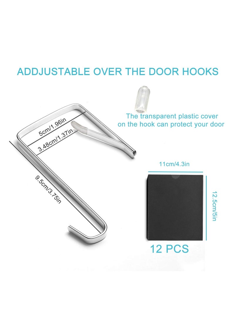 12 Pcs Adjustable Over The Door Hooks, Heavy Duty Stainless Steel Door Hanger and Door Hooks for Living Room, Bathroom, Bedroom, Hanging Keys, Hats,Towels, Coats and Handbags