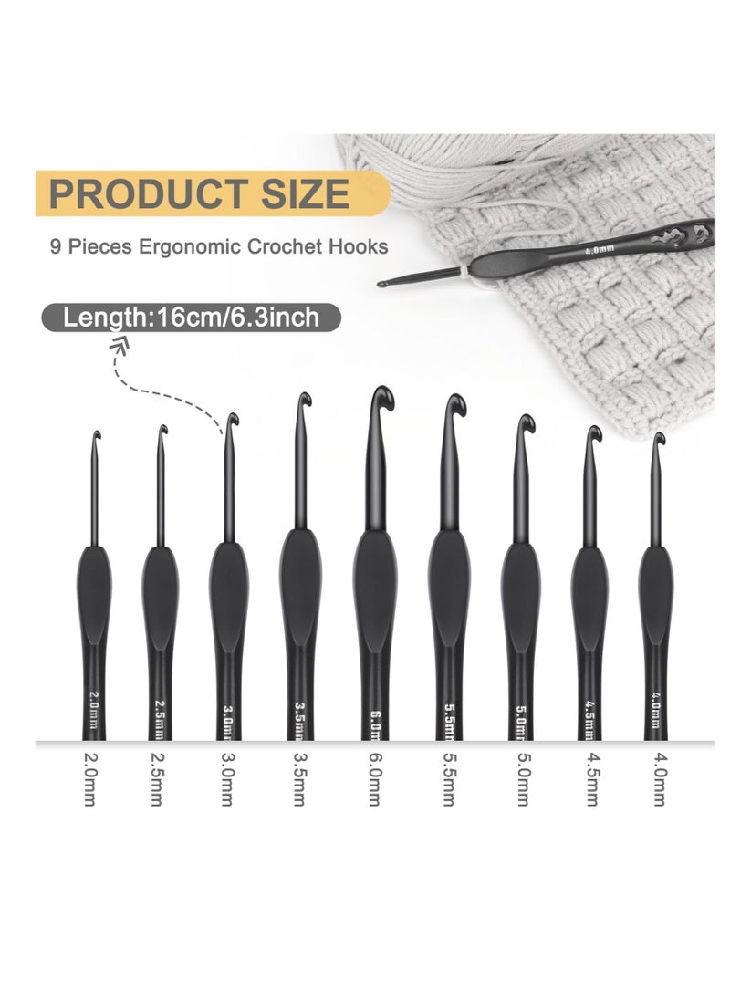 9 Sizes Crochet Hooks, Black Crochet Needles, Ergonomic Soft Grip Aluminum Crochet Hook Set, Lightweight Knitting & Crochet Supplies, for Arthritic Hands Beginners Kids Adults 2.0mm(B)-6.0mm(J)