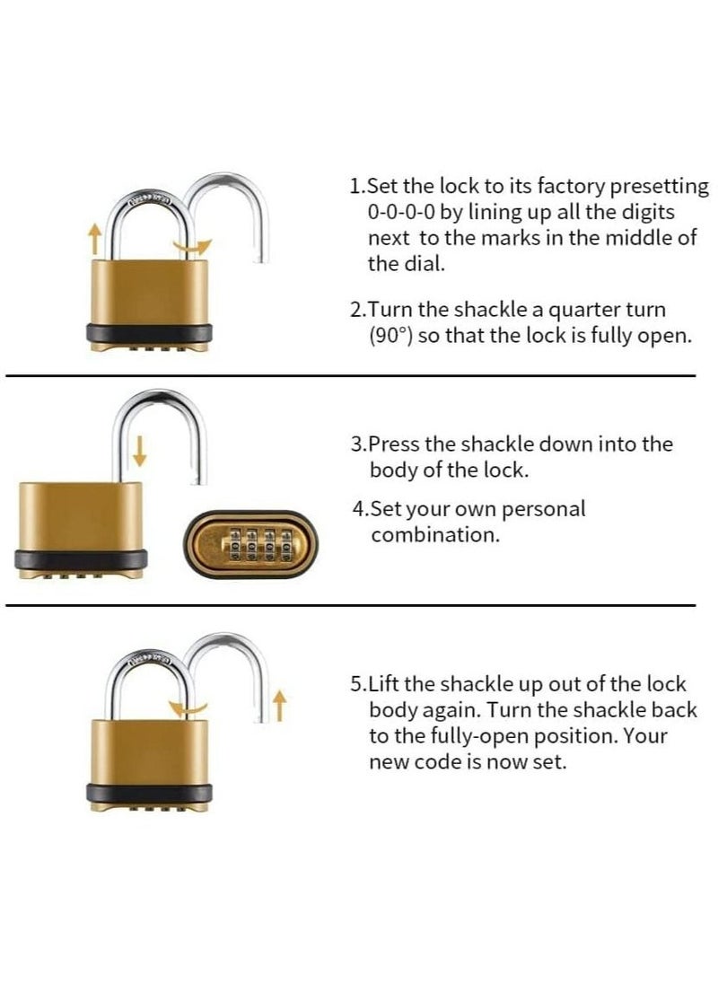 4 Digit Combination Lock, Heavy Duty Outdoor Security Keyless Locks Buckle Design Brass Finish Long Shackle Padlock, for Outdoor Use, Sheds, Locker, Gym, Gate, Mechanical Combination Lock