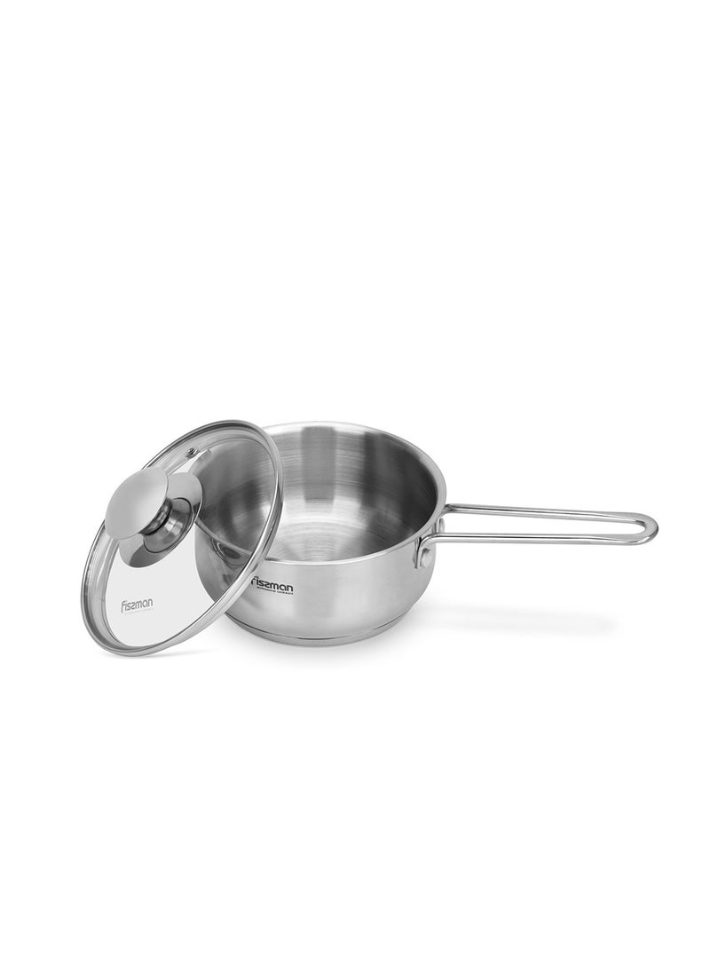 Saucepan 900mL with Glass Lid, Stainless Steel 18/10 INOX304 Saucepan Gulliver Series, Induction Bottom Suitable for all Types of Stoves, Long Stay-Cool Ergonomic Handle