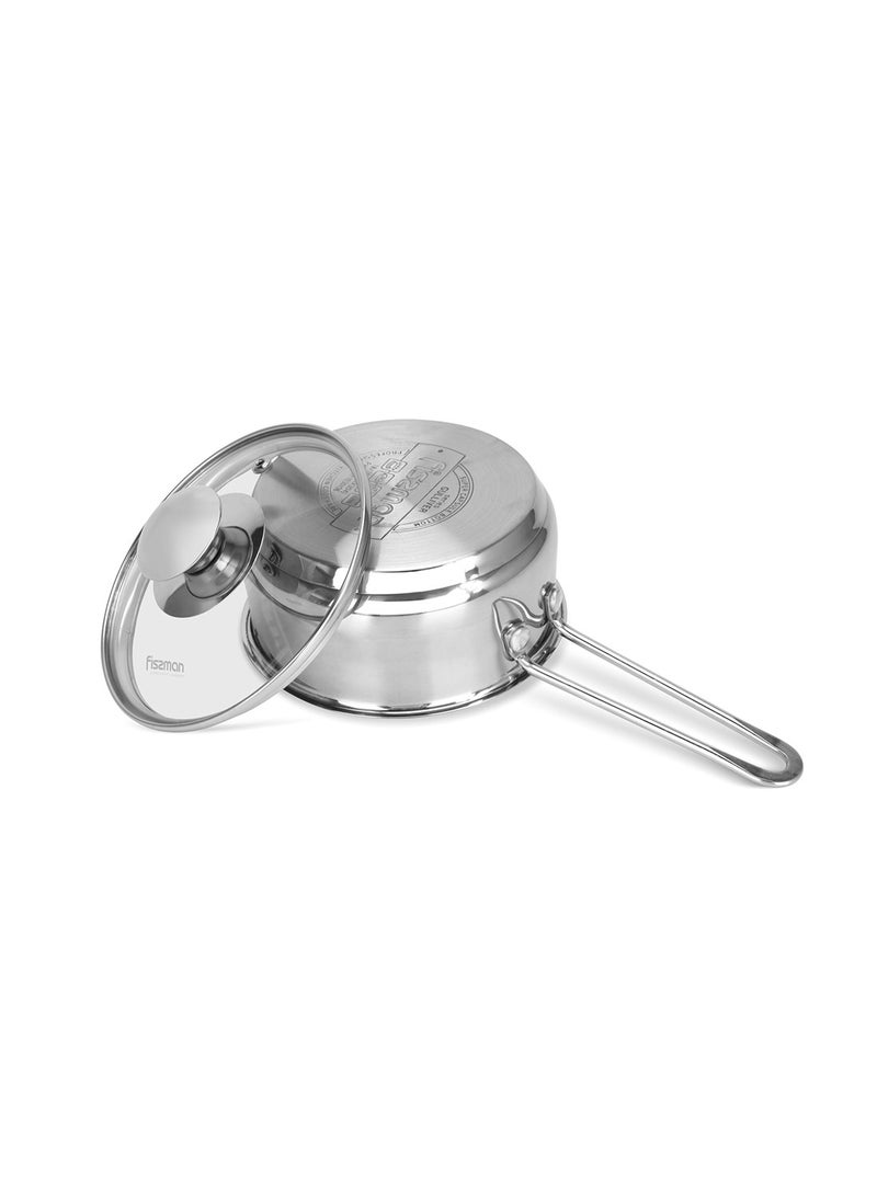 Saucepan 900mL with Glass Lid, Stainless Steel 18/10 INOX304 Saucepan Gulliver Series, Induction Bottom Suitable for all Types of Stoves, Long Stay-Cool Ergonomic Handle