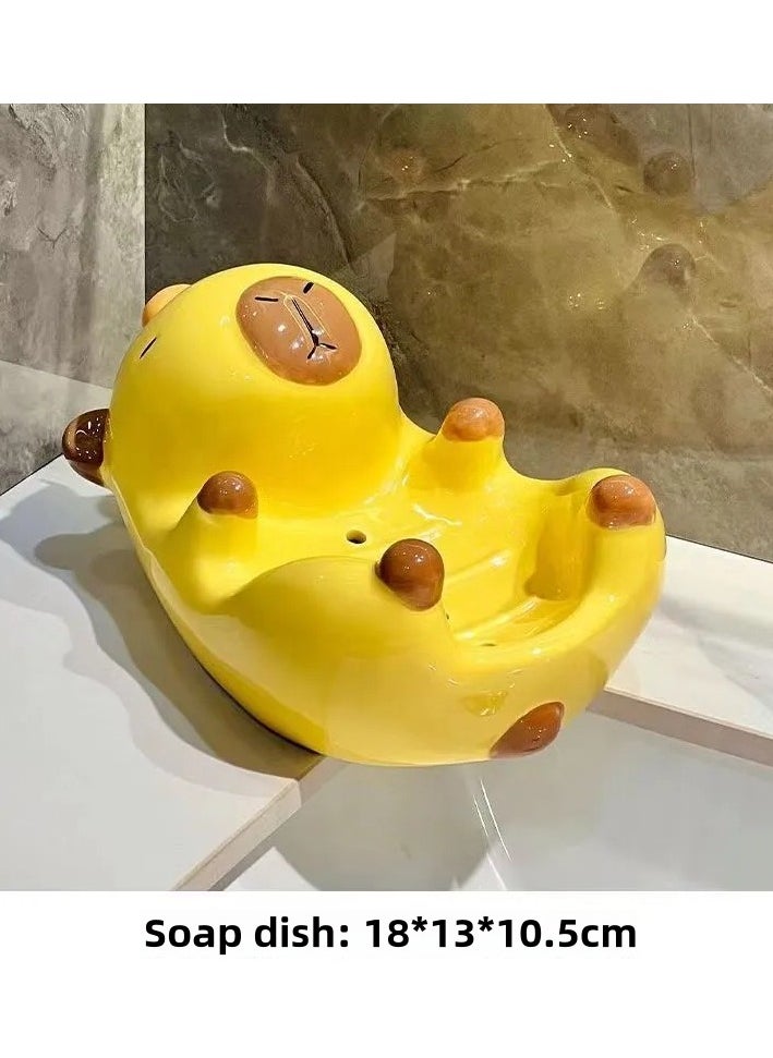 automatic drainage soap dish, capybara-shaped soap holder, ceramic soap dish, bathroom organizer, household soap dish, water-draining soap holder, creative soap rack, bathroom storage shelf, cartoon soap dish, waterproof soap dish
