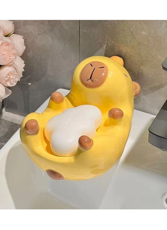 automatic drainage soap dish, capybara-shaped soap holder, ceramic soap dish, bathroom organizer, household soap dish, water-draining soap holder, creative soap rack, bathroom storage shelf, cartoon soap dish, waterproof soap dish